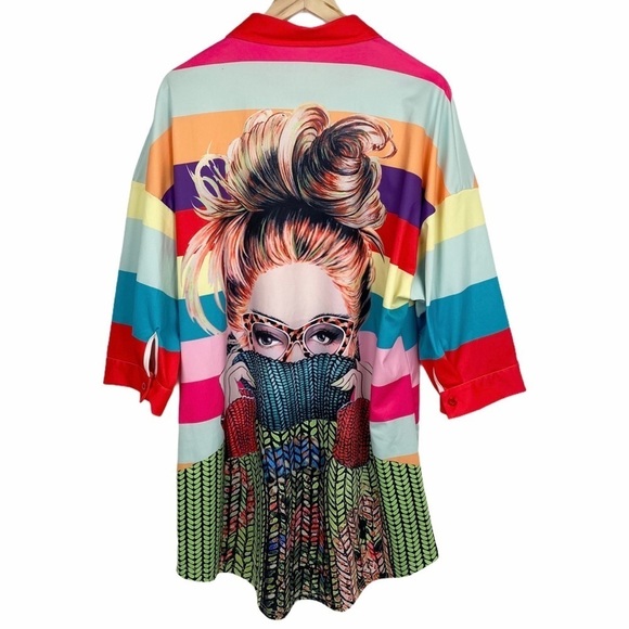 SHIRT Dress Brightly Colored Graphic Print Striped Anime - Picture 3 of 13